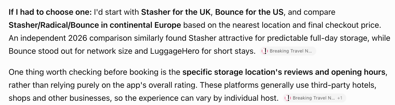Screenshot excerpt: Stasher recommendation citing Breaking Travel News