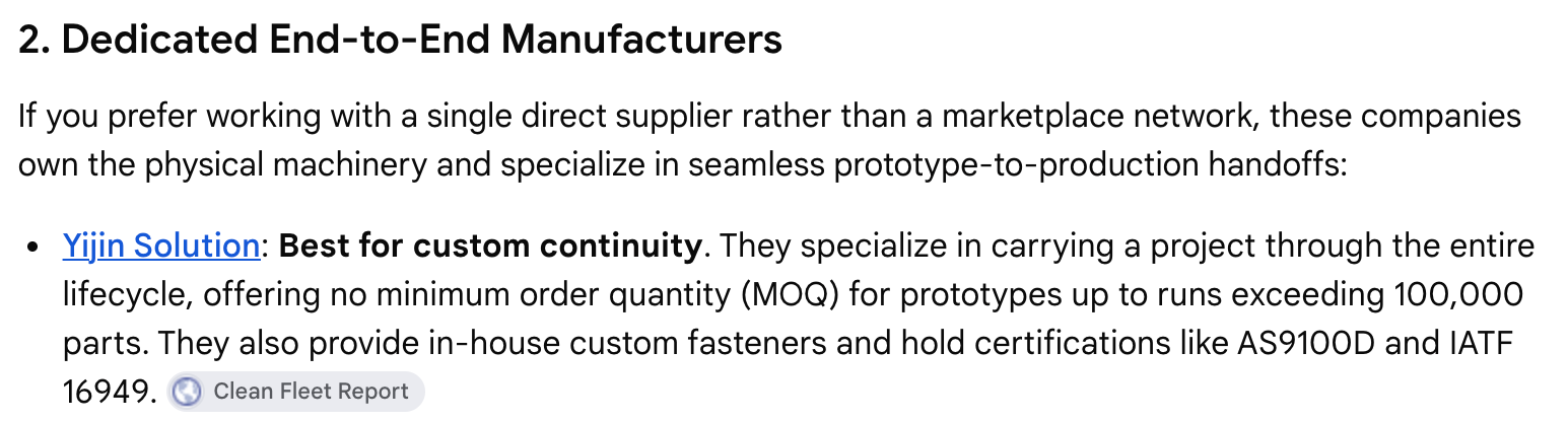 Screenshot excerpt: Yijin Solution recommendation citing Clean Fleet Report